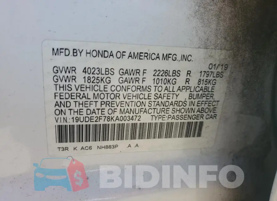 19UDE2F78KA003472 Photo# 13