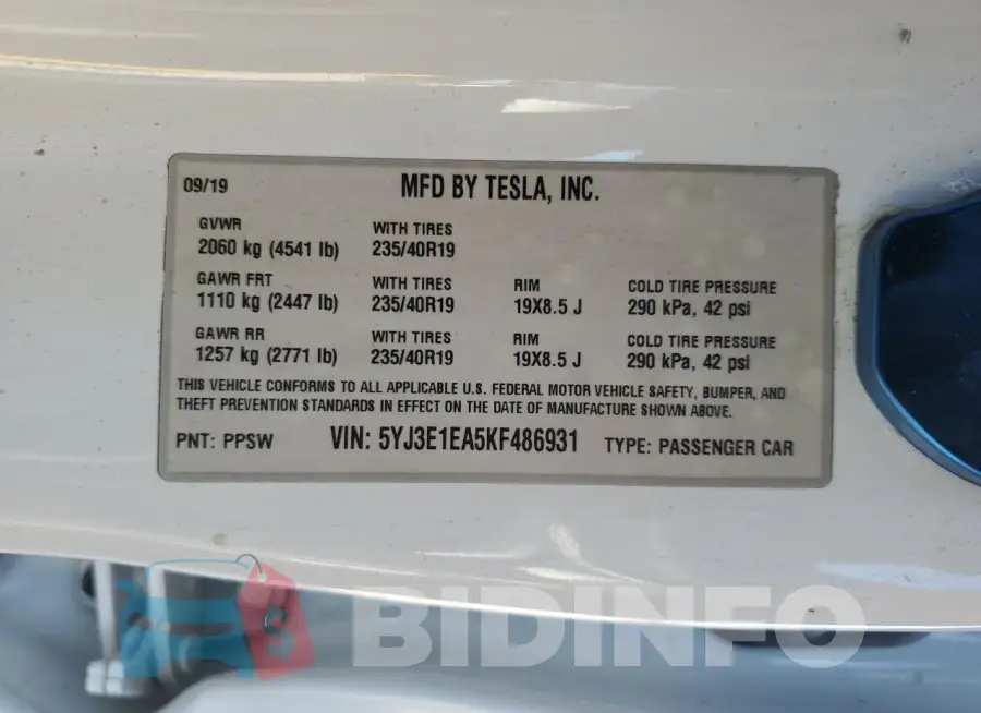 5YJ3E1EA5KF486931 Photo# 12