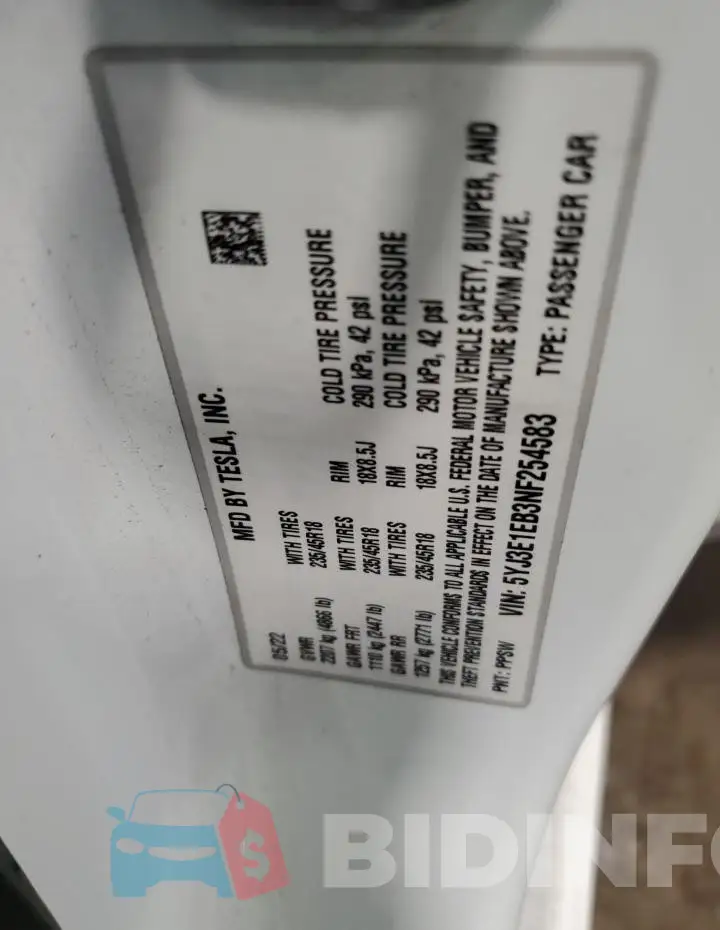 5YJ3E1EB3NF254583 Photo# 12