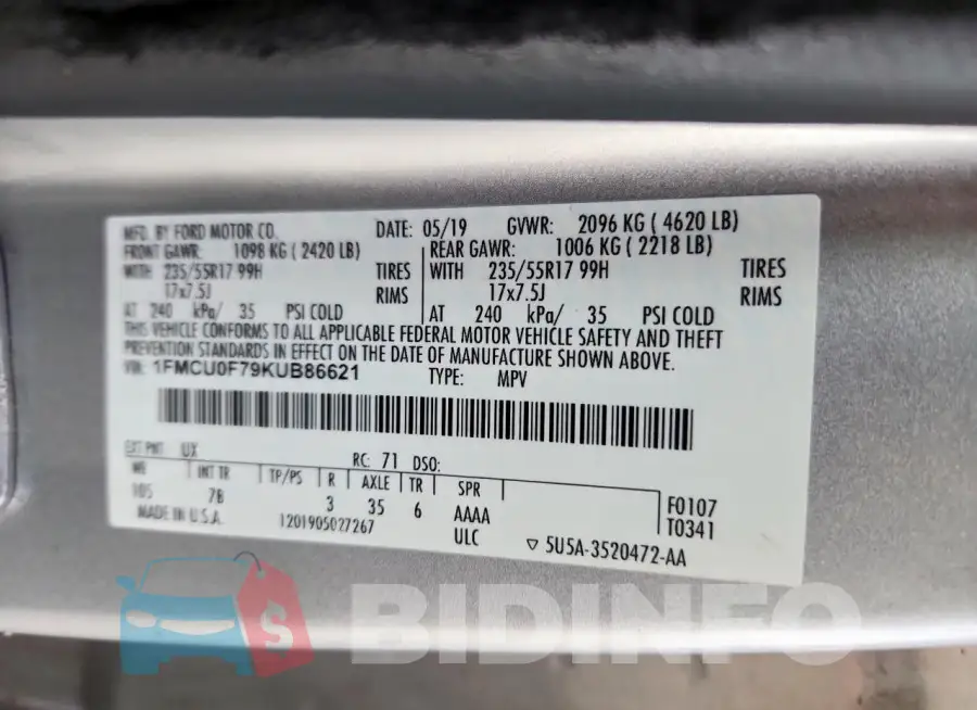 1FMCU0F79KUB86621 Photo# 14