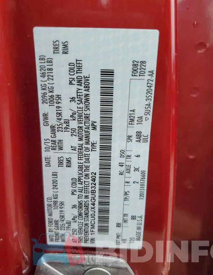 1FMCU0JX4GUB32402 Photo# 12