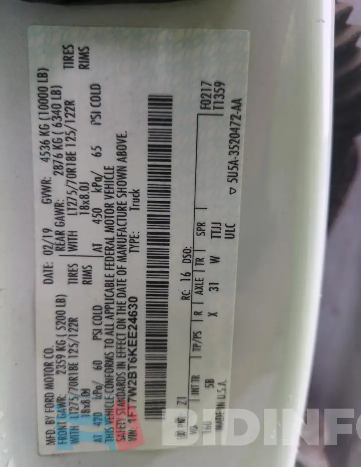 1FT7W2BT6KEE24630 Photo# 12