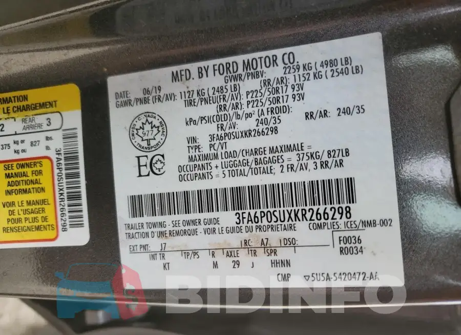 3FA6P0SUXKR266298 Photo# 12