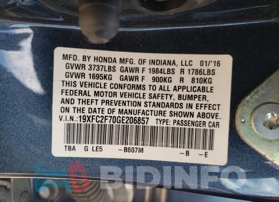 19XFC2F70GE206857 Photo# 12