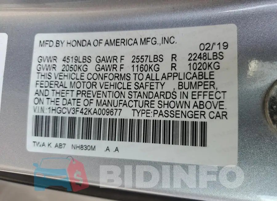 1HGCV3F42KA009677 Photo# 12