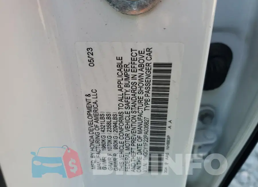 1HGCY1F22PA035827 Photo# 12