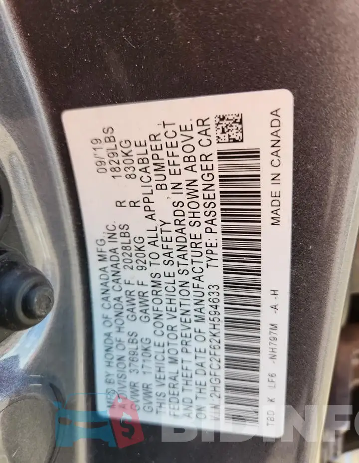 2HGFC2F62KH594633 Photo# 12