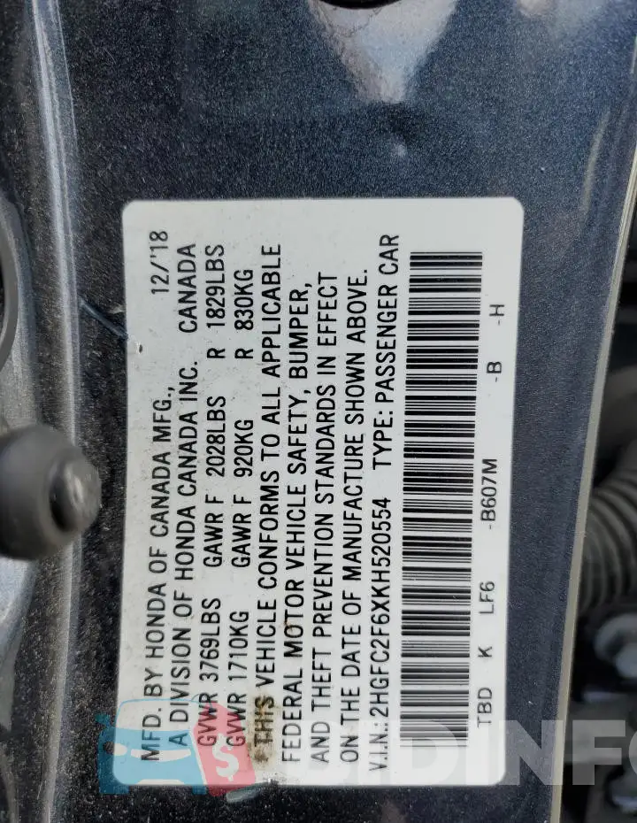 2HGFC2F6XKH520554 Photo# 13