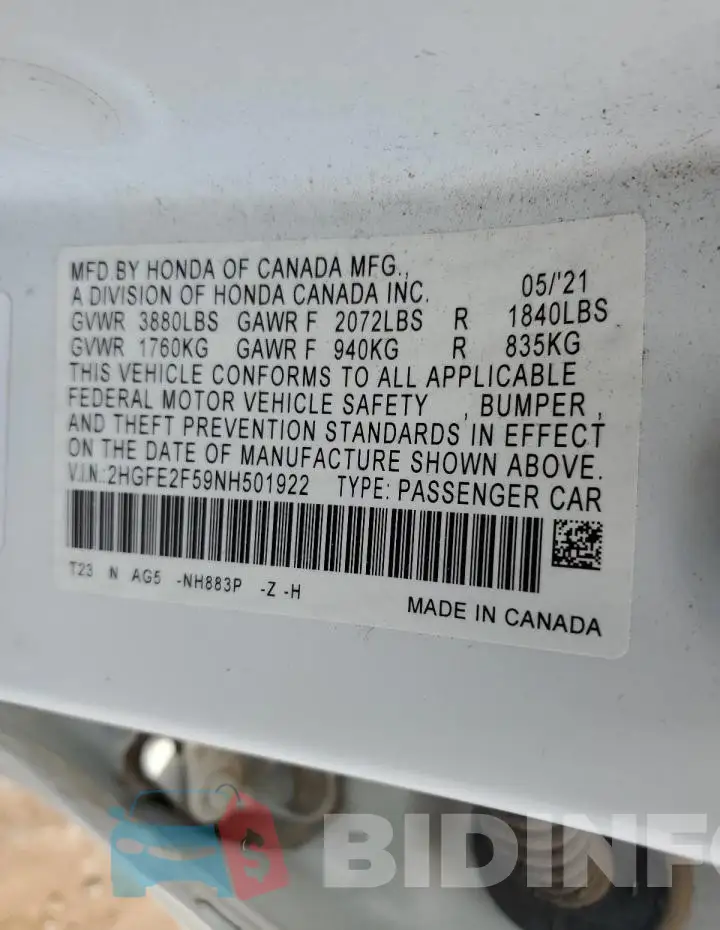 2HGFE2F59NH501922 Photo# 12