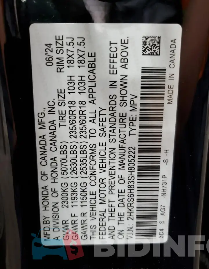 2HKRS6H83SH805222 Photo# 13