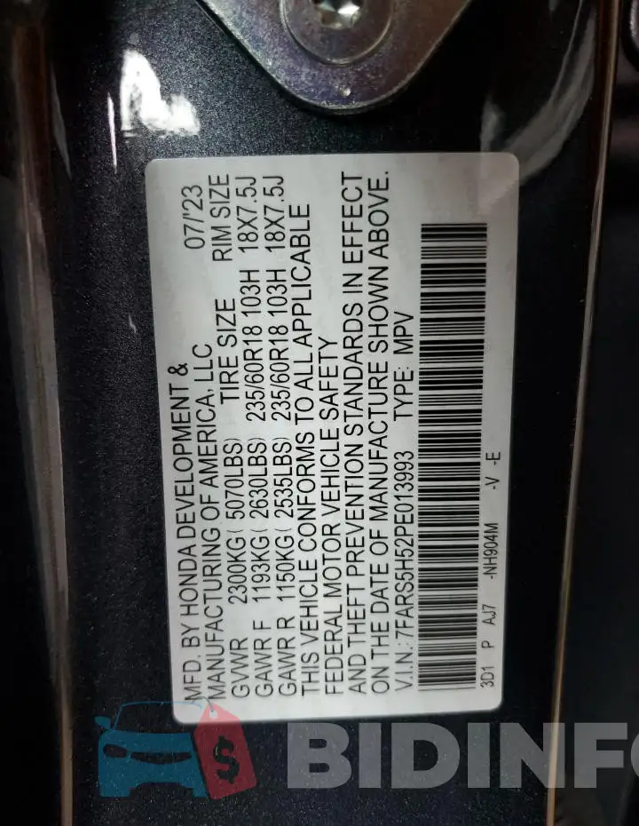 7FARS5H52PE013993 Photo# 13