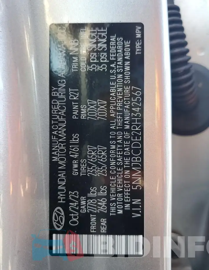 5NMJBCDE2RH342567 Photo# 14
