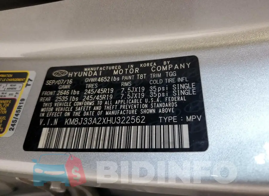 KM8J33A2XHU322562 Photo# 14