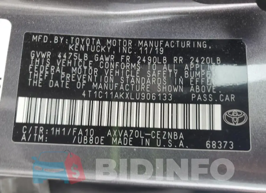 4T1C11AKXLU906133 Photo# 12