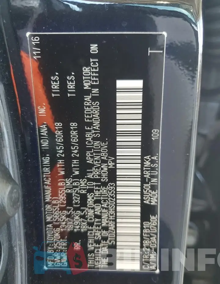 5TDZARFH3HS023593 Photo# 13