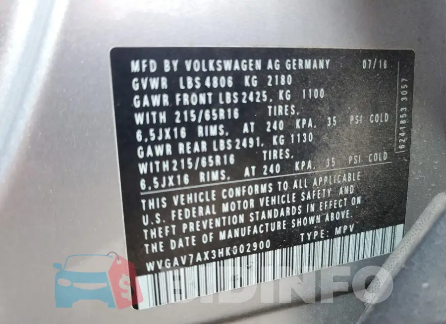 WVGAV7AX3HK002900 Photo# 12