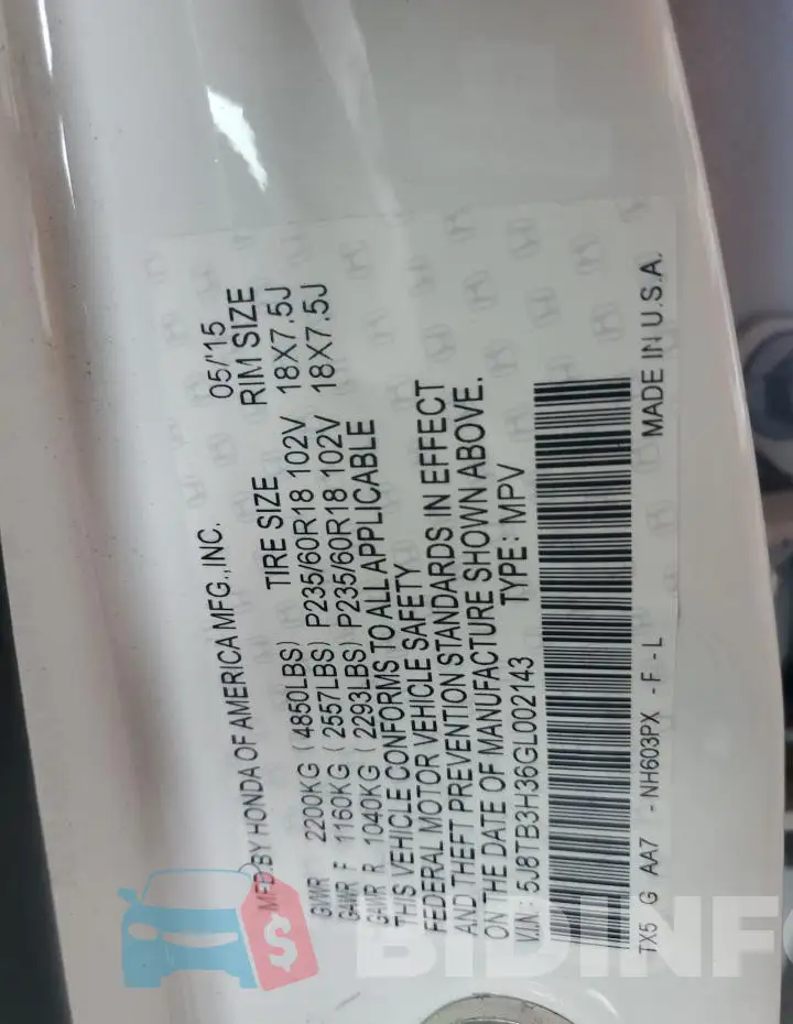 5J8TB3H36GL002143 Photo# 12