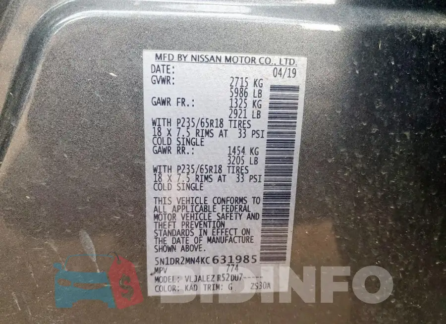 5N1DR2MN4KC631985 Photo# 13