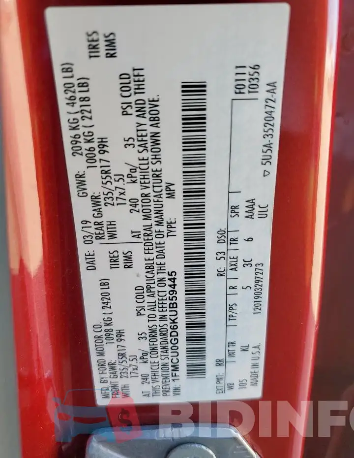 1FMCU0GD6KUB59445 Photo# 13