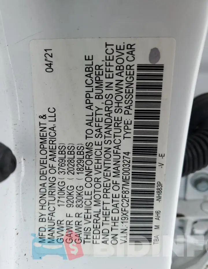 19XFC2F87ME003274 Photo# 12