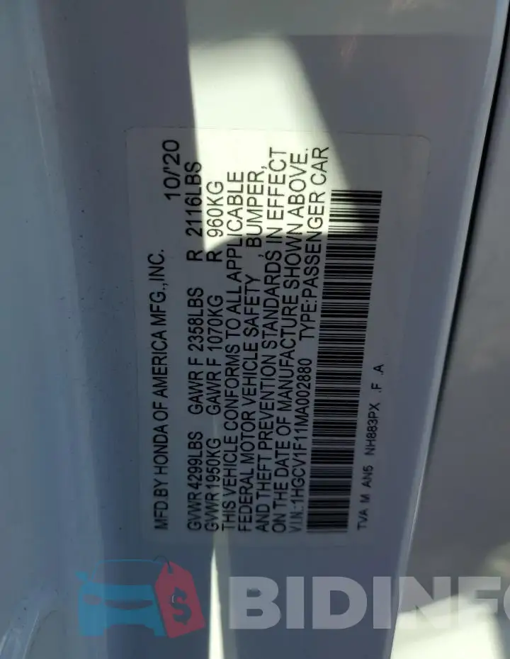 1HGCV1F11MA002880 Photo# 12
