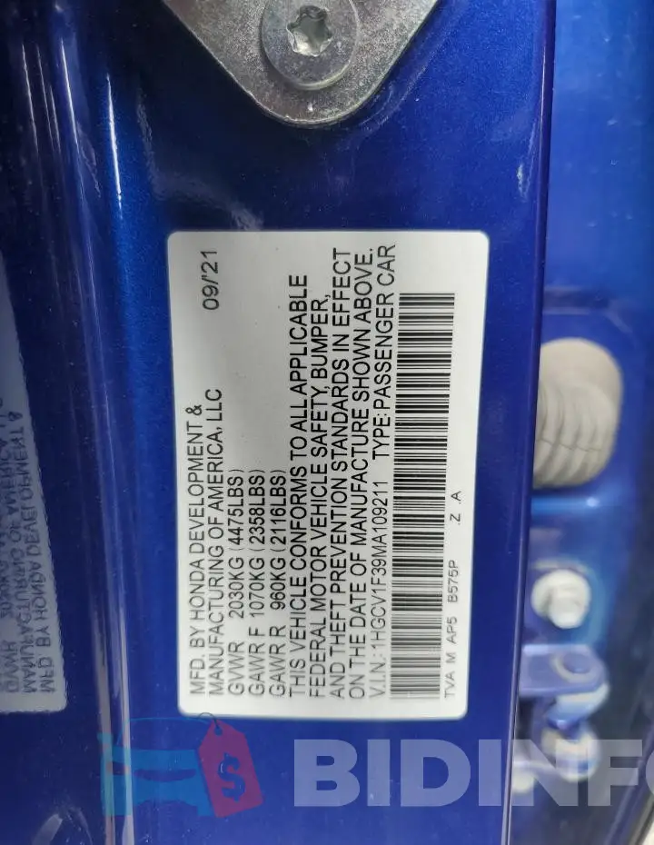1HGCV1F39MA109211 Photo# 12