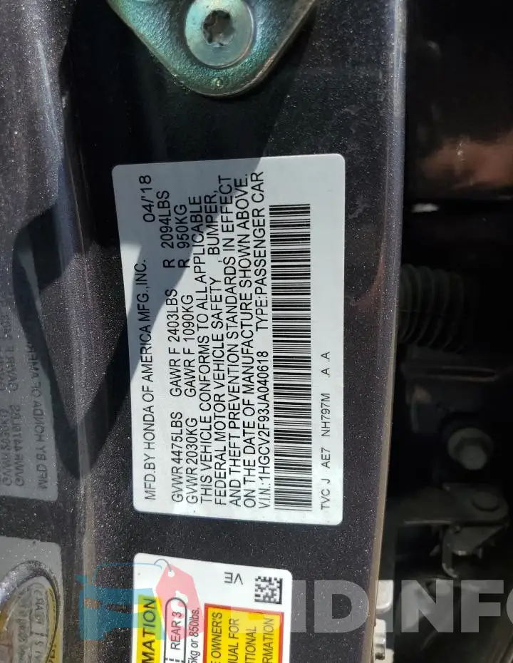 1HGCV2F93JA040618 Photo# 13