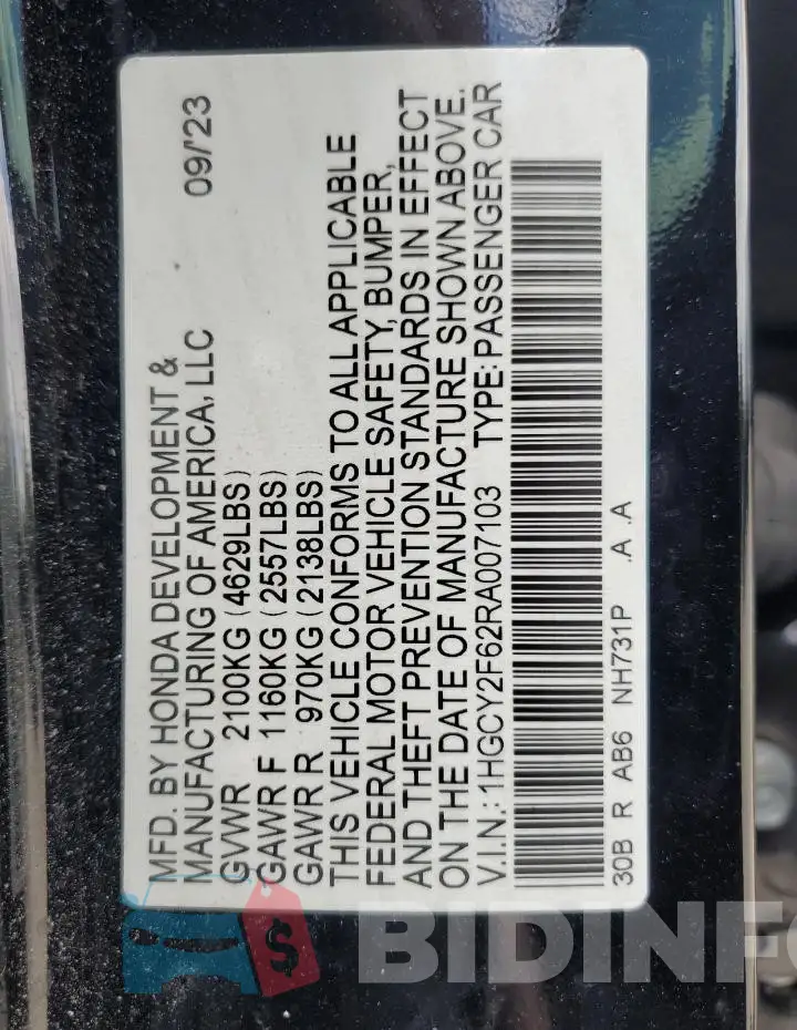 1HGCY2F62RA007103 Photo# 12