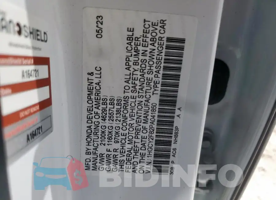 1HGCY2F82PA041850 Photo# 12