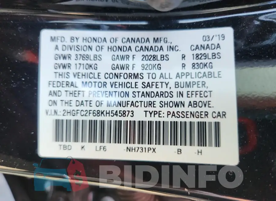 2HGFC2F68KH545873 Photo# 12