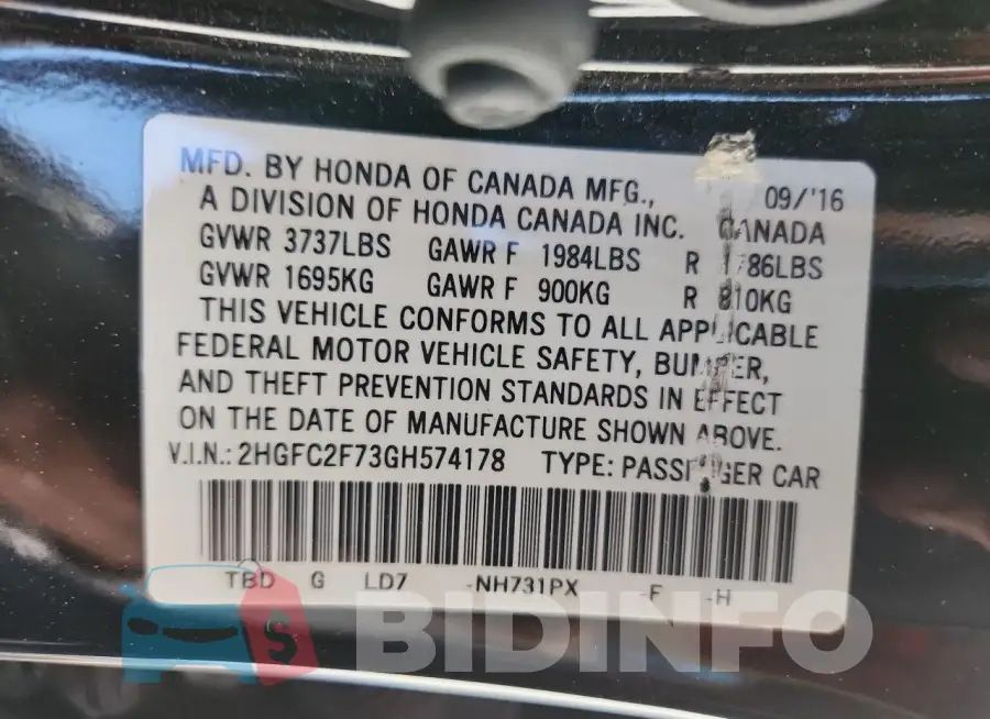 2HGFC2F73GH574178 Photo# 12