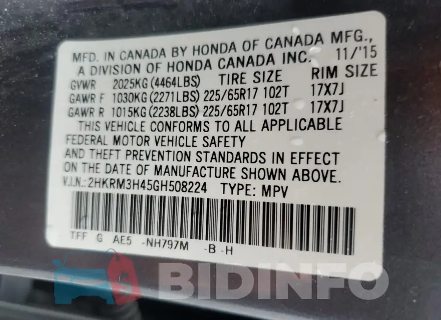 2HKRM3H45GH508224 Photo# 14