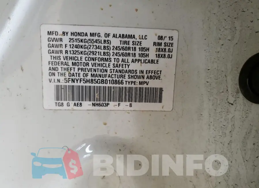 5FNYF5H85GB010866 Photo# 13