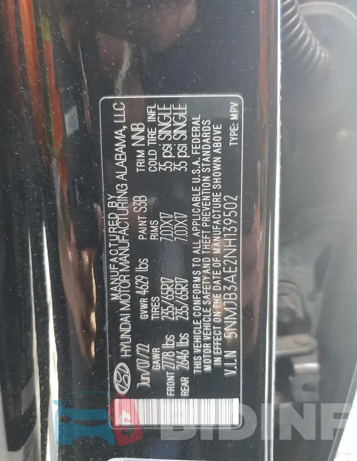 5NMJB3AE2NH139502 Photo# 12