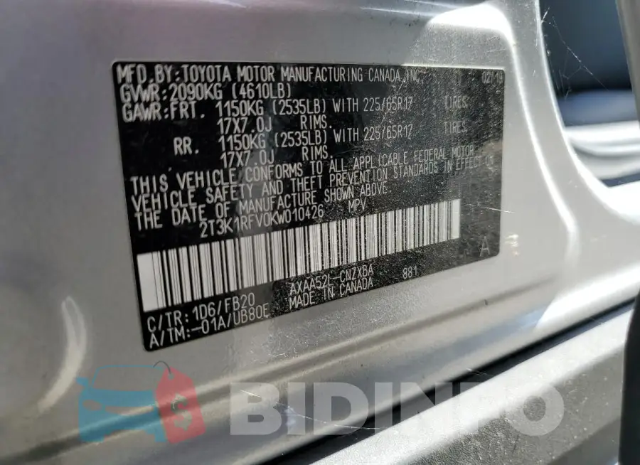 2T3K1RFV0KW010426 Photo# 13