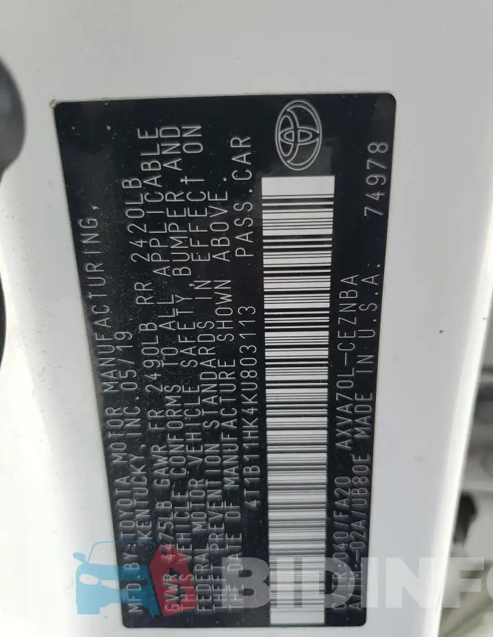 4T1B11HK4KU803113 Photo# 12