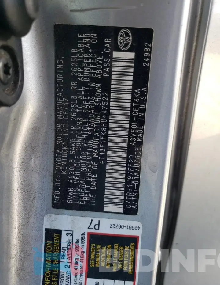 4T1BF1FK8HU447522 Photo# 12