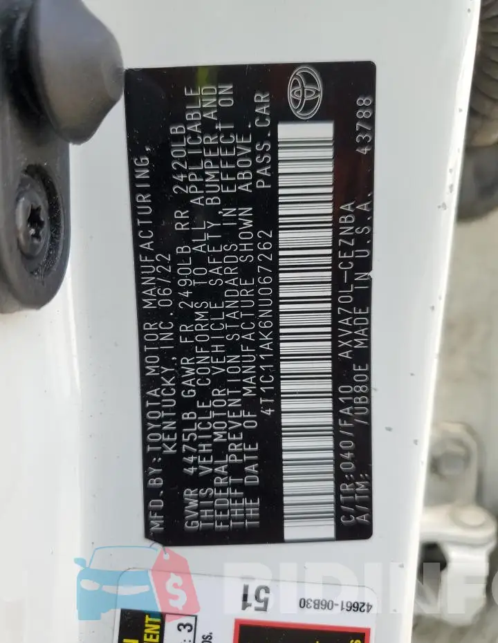4T1C11AK6NU067262 Photo# 12