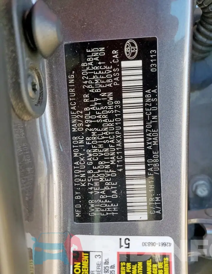 4T1C11AKXPU101738 Photo# 13