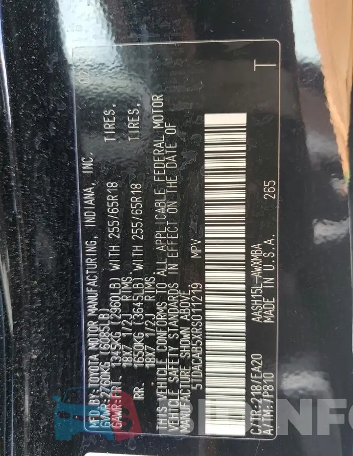 5TDACAB5XRS011219 Photo# 13
