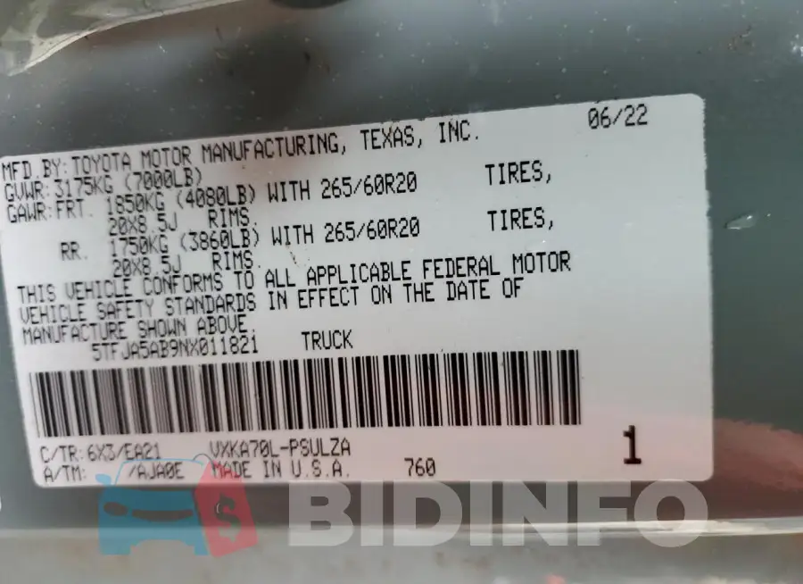 5TFJA5AB9NX011821 Photo# 12