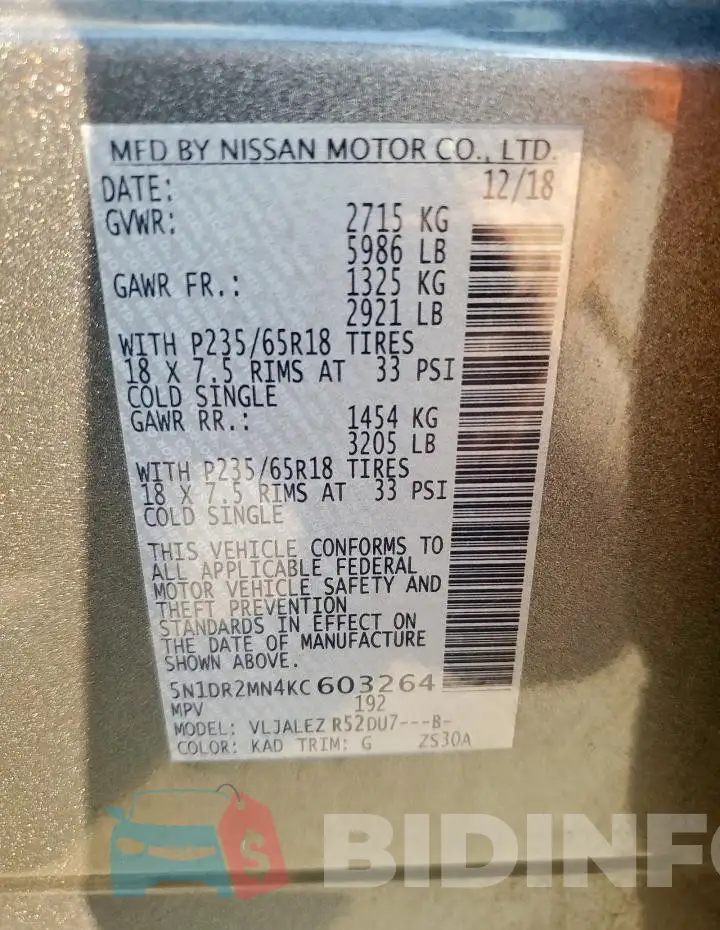 5N1DR2MN4KC603264 Photo# 13