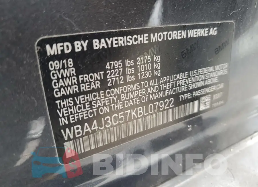 WBA4J3C57KBL07922 Photo# 13
