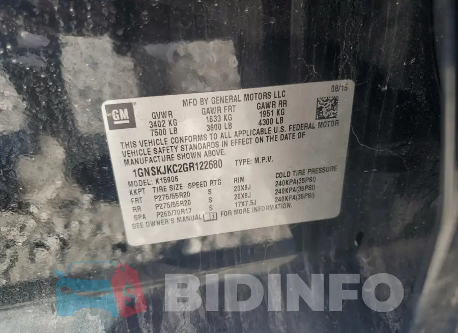 1GNSKJKC2GR122680 Photo# 13