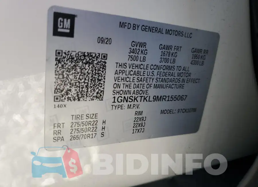 1GNSKTKL9MR155067 Photo# 13