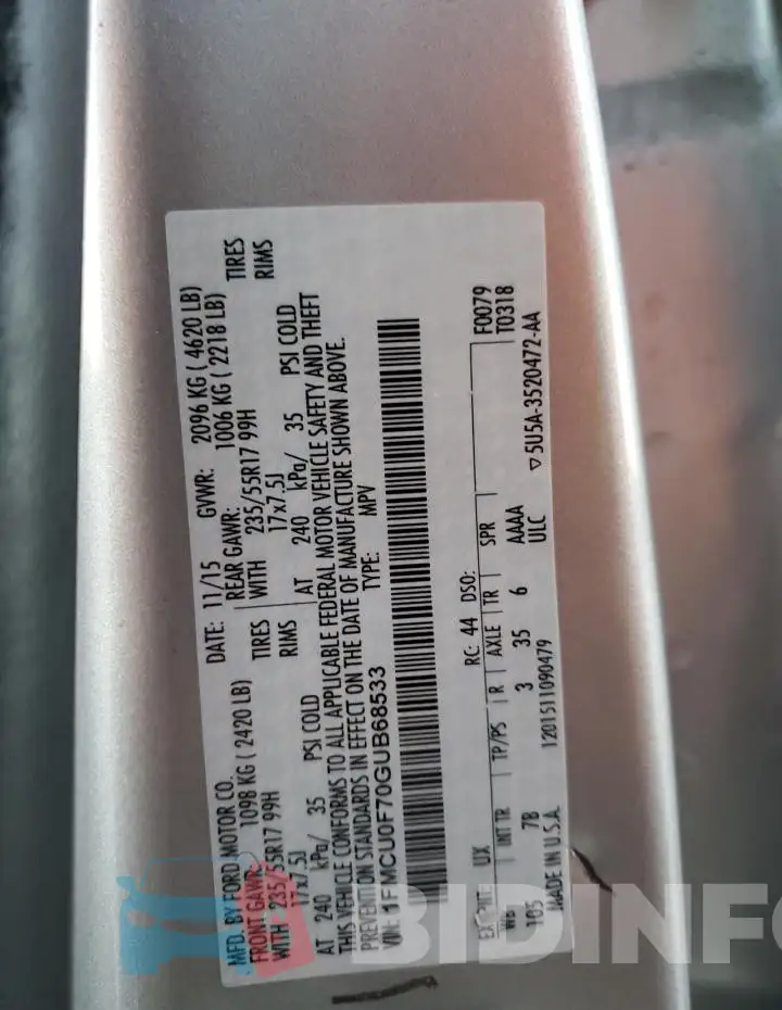 1FMCU0F70GUB68533 Photo# 13