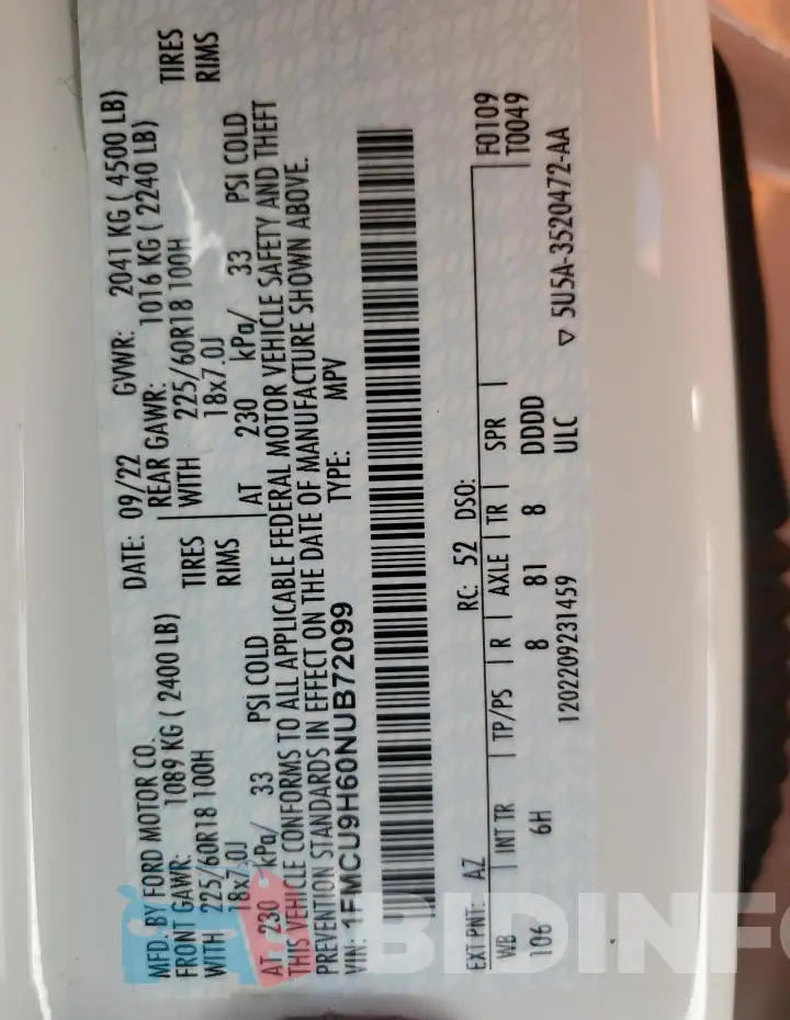 1FMCU9H60NUB72099 Photo# 14