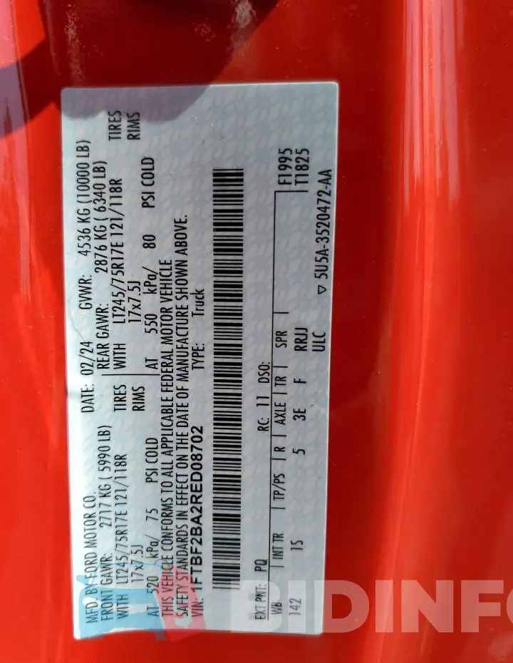 1FTBF2BA2RED08702 Photo# 12