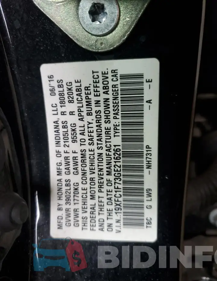 19XFC1F73GE216261 Photo# 12