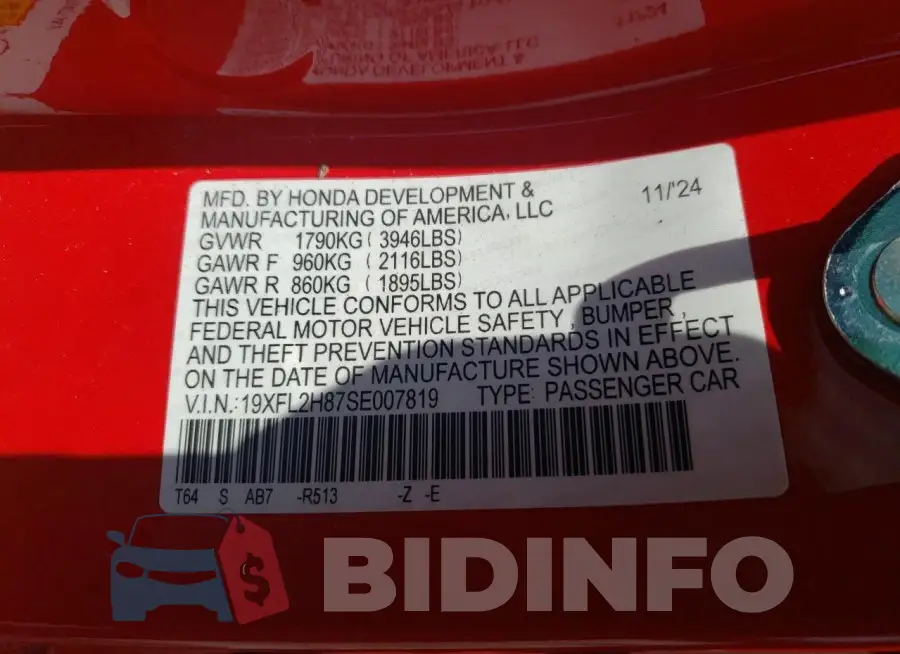 19XFL2H87SE007819 Photo# 12